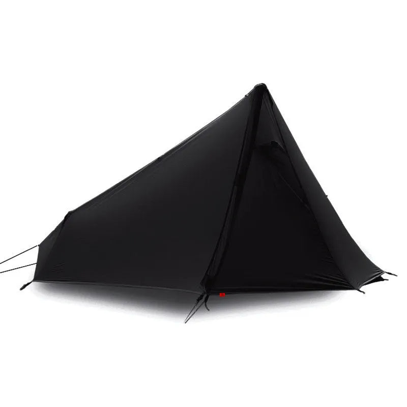 Single-person silicone-coated rodless tent in grey, 205x92x110cm, set up outdoors