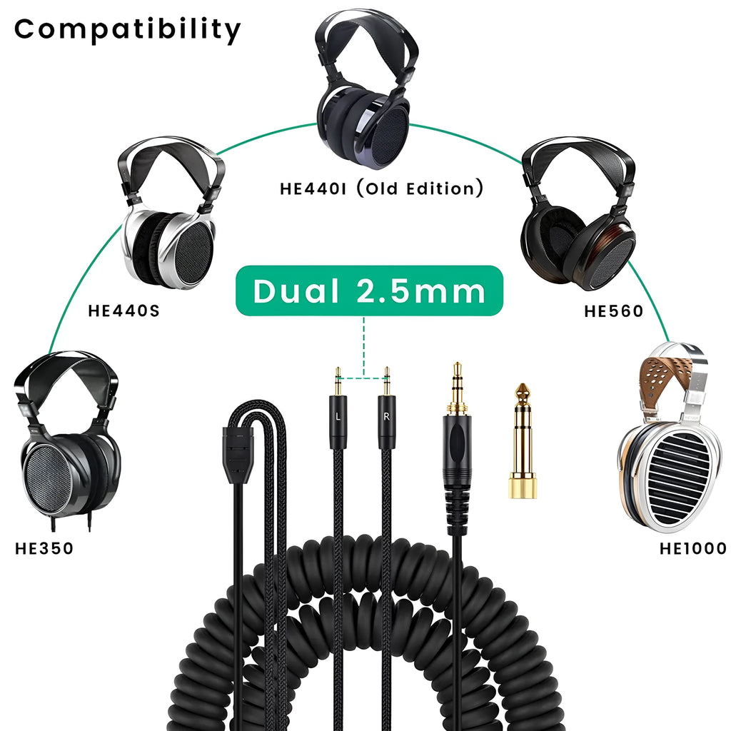 Black 1.8m replacement headset cable for HE400i HE560 with double 25mm plugs and spring relief