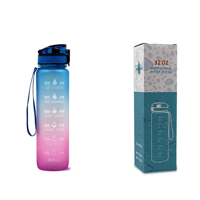 1L Tritan sports water bottle with time markers and flip-top lid in blue-red gradient colour