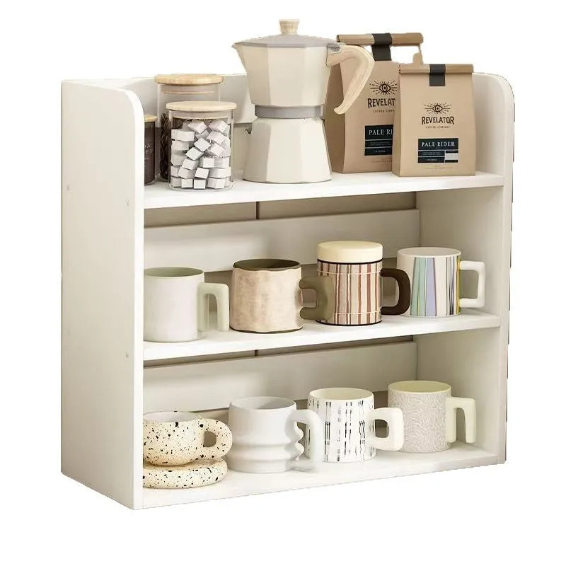 Desktop layered storage rack in PVC expansion sheet with wooden style, shown as a two-layer or three-layer rounded shelf tabletop organiser.