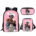 Three-piece printed polyester student backpack set with diagonal bag, medium 36-55L, double straps, shoulder pads, soft handle