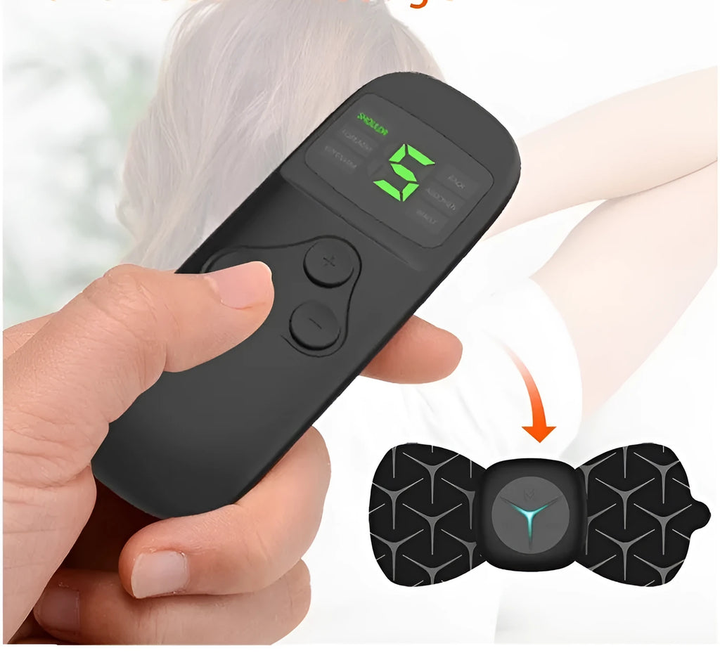 Mini shoulder and neck massager with six massage modes, adjustable pulse intensity and 30-minute timer in black or white