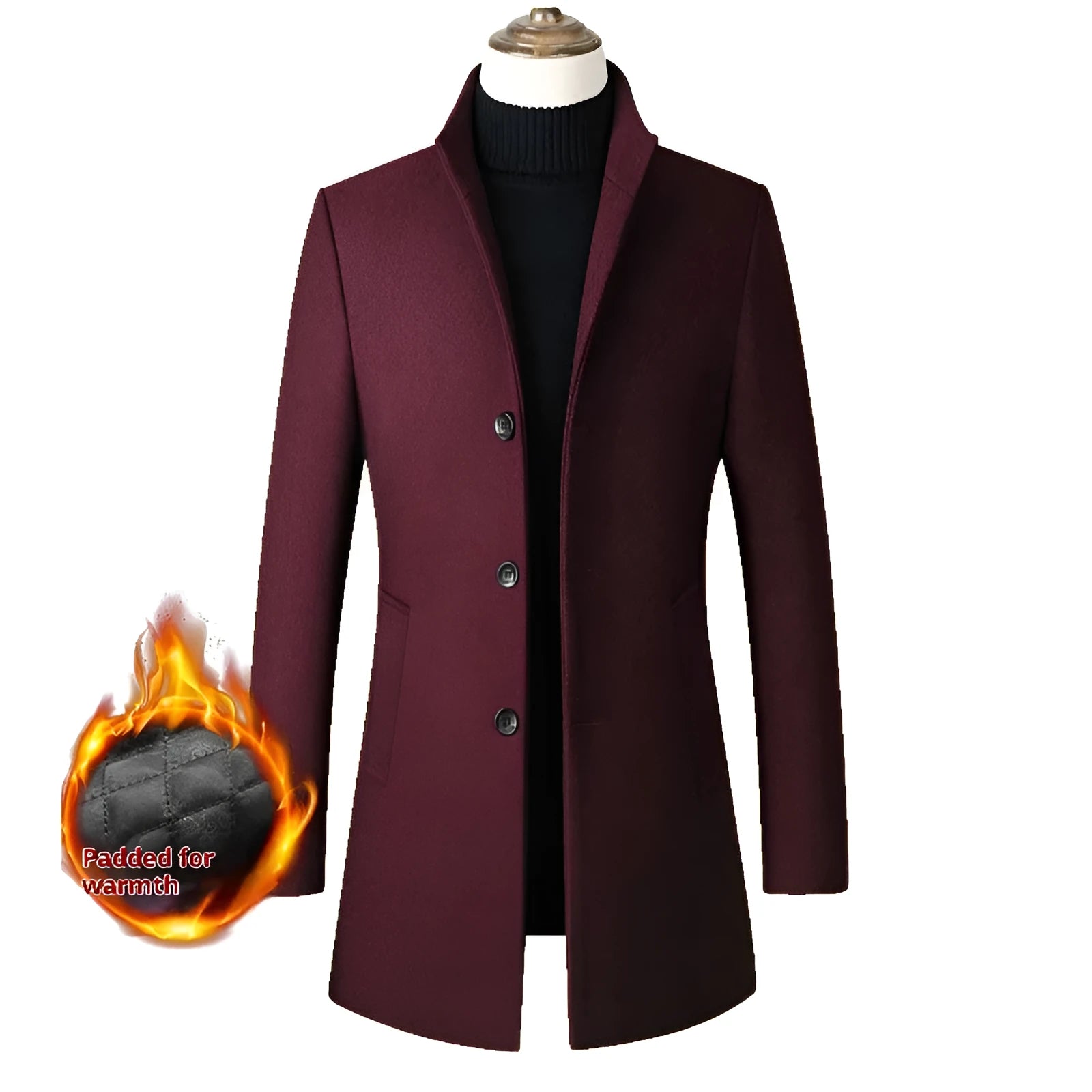 Men's single-breasted stand collar wool blend padded winter coat in solid colour, side seam pockets, S to 3XL sizes