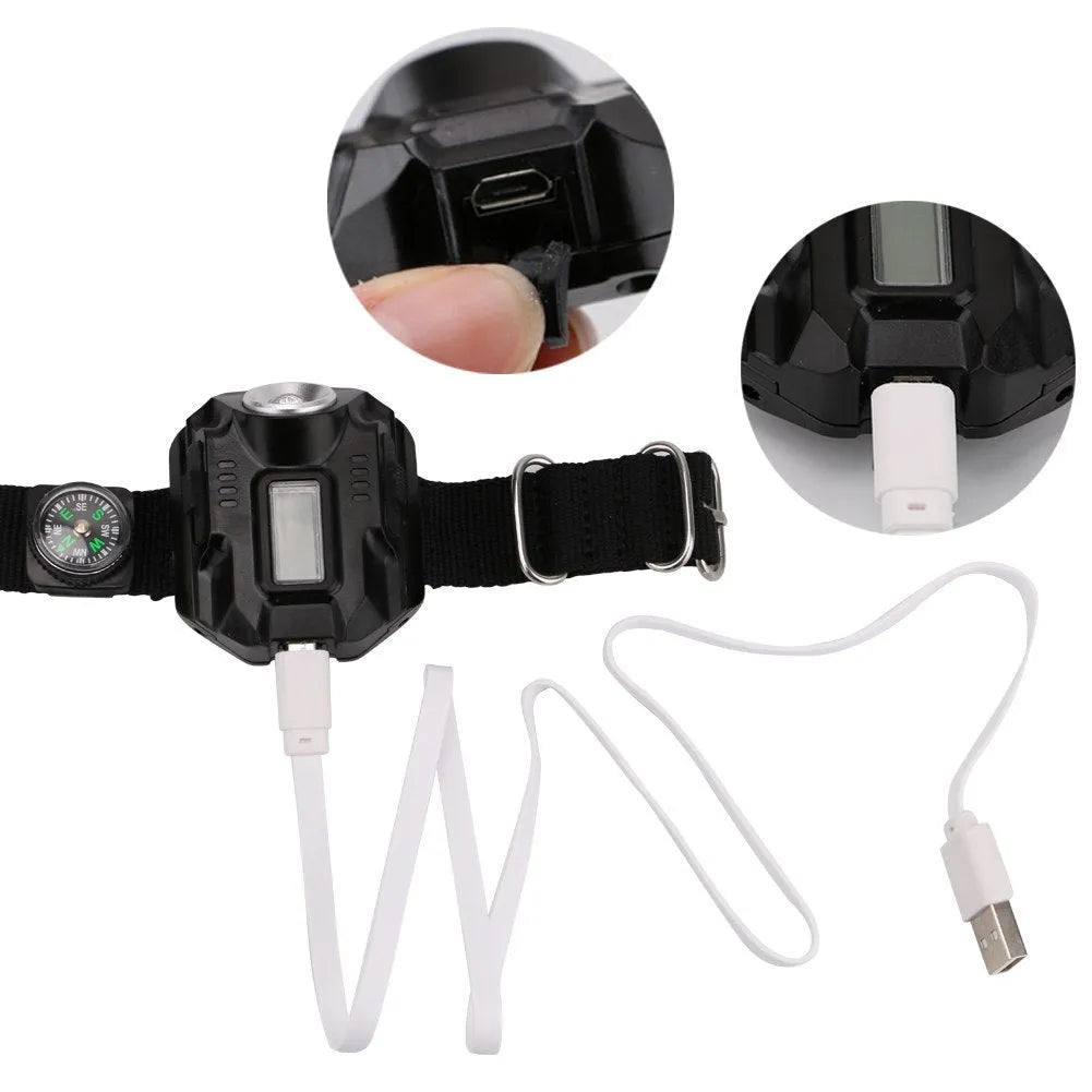 Black LED wrist watch flashlight with USB charging, 4 modes, compass, time display and 22 x 2.4 cm wristband