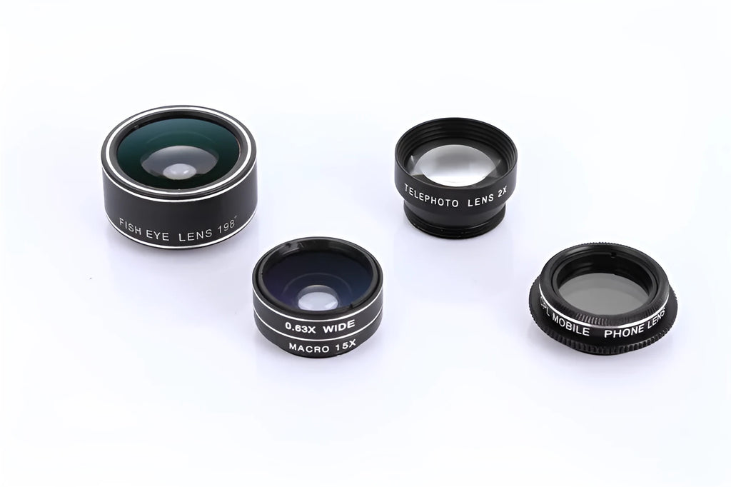Five-in-one mobile phone lens kit with fisheye, wide-angle, macro, telephoto, and CPL clip-on lenses for smartphones