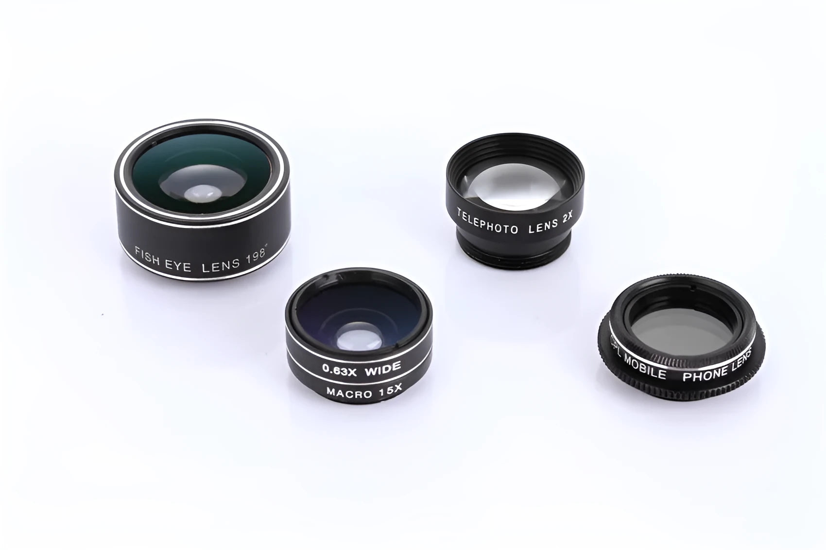 Five-in-one mobile phone lens kit with fisheye, wide-angle, macro, telephoto, and CPL clip-on lenses for smartphones