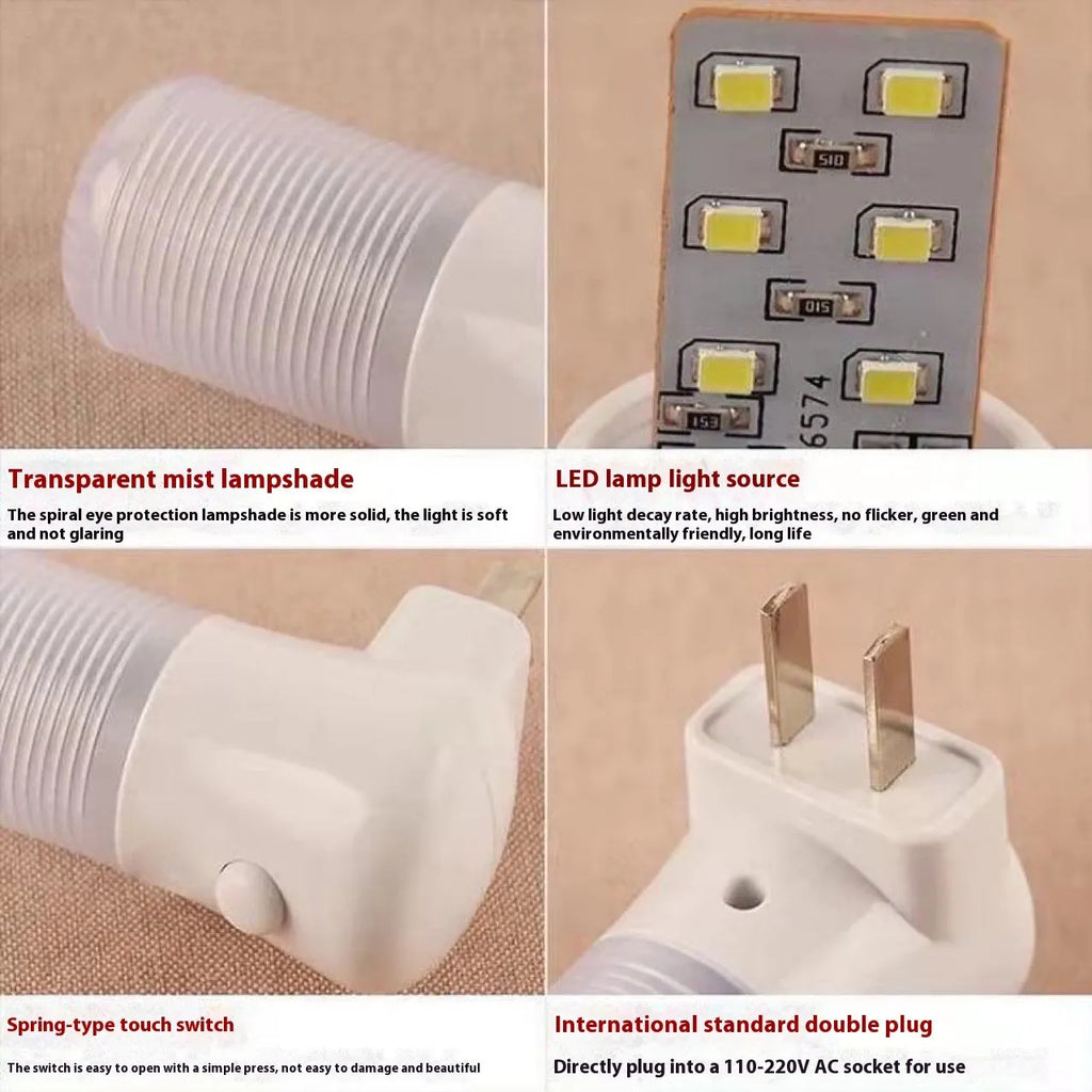 Minimalist white plug-in bedside night light with compact dimensions installed in wall socket