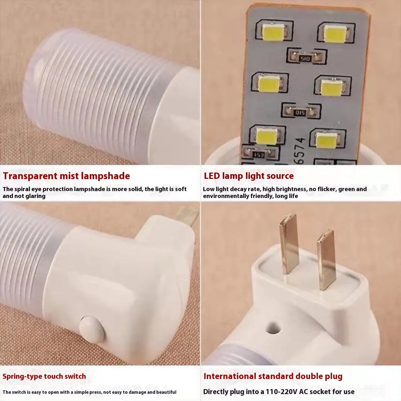 Minimalist white plug-in bedside night light with compact dimensions installed in wall socket