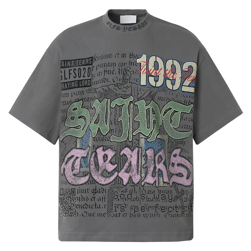 American retro national trend hip hop graffiti pure cotton short sleeve t-shirt in grey, front view