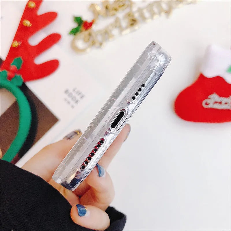 Christmas quicksand design iPhone case showing transparent double layer TPU and PC construction