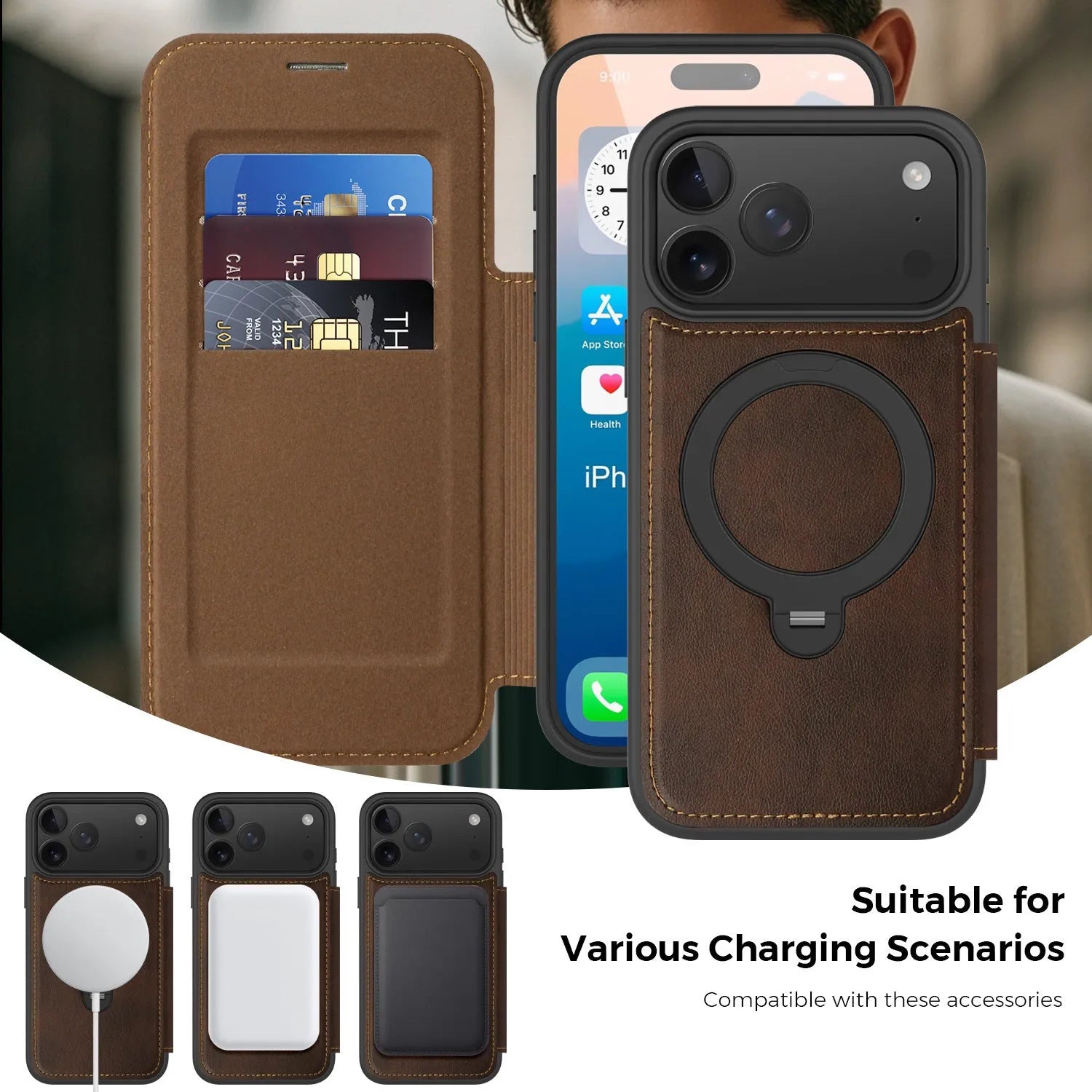 Magnetic bracket PC leather flip phone case for iPhone 16 in black with stand
