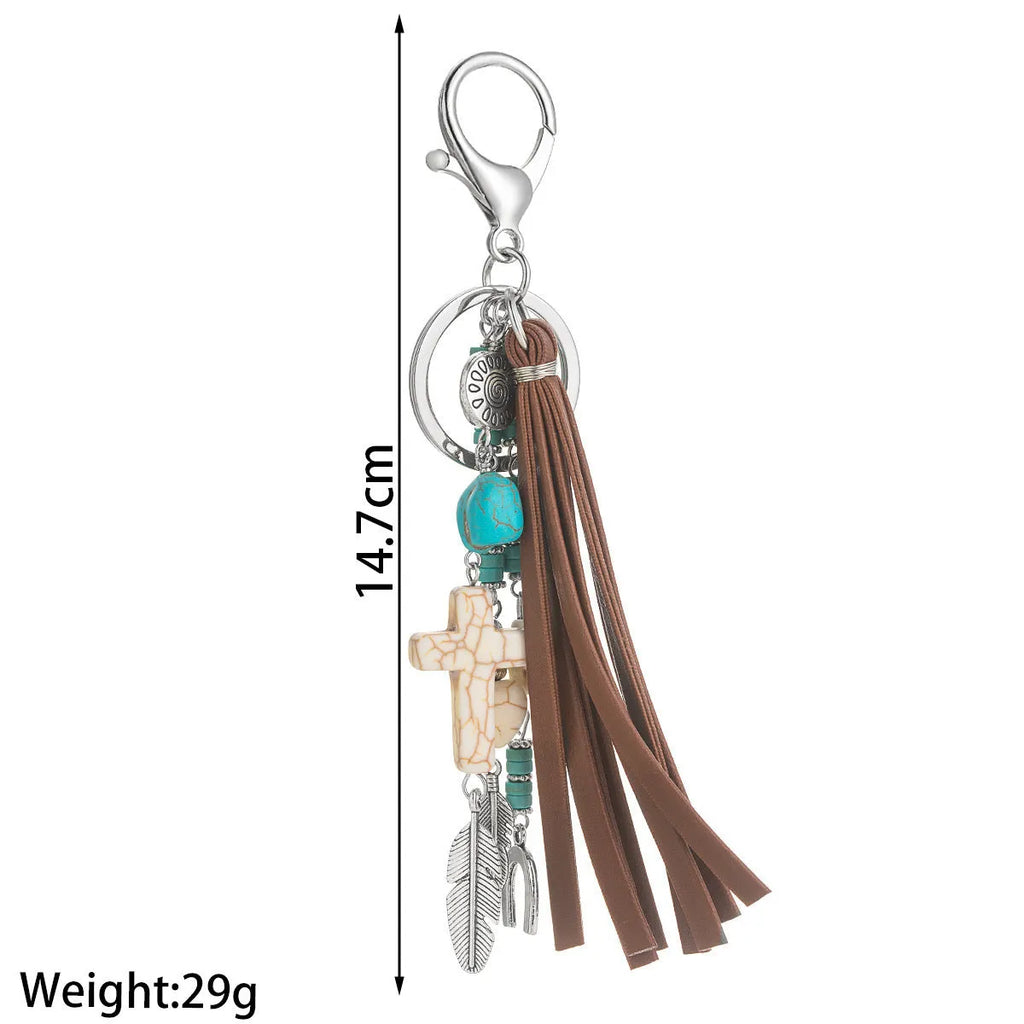 Alloy cross pendant with leather rope and tassel keychain in retro style colour XY-3669