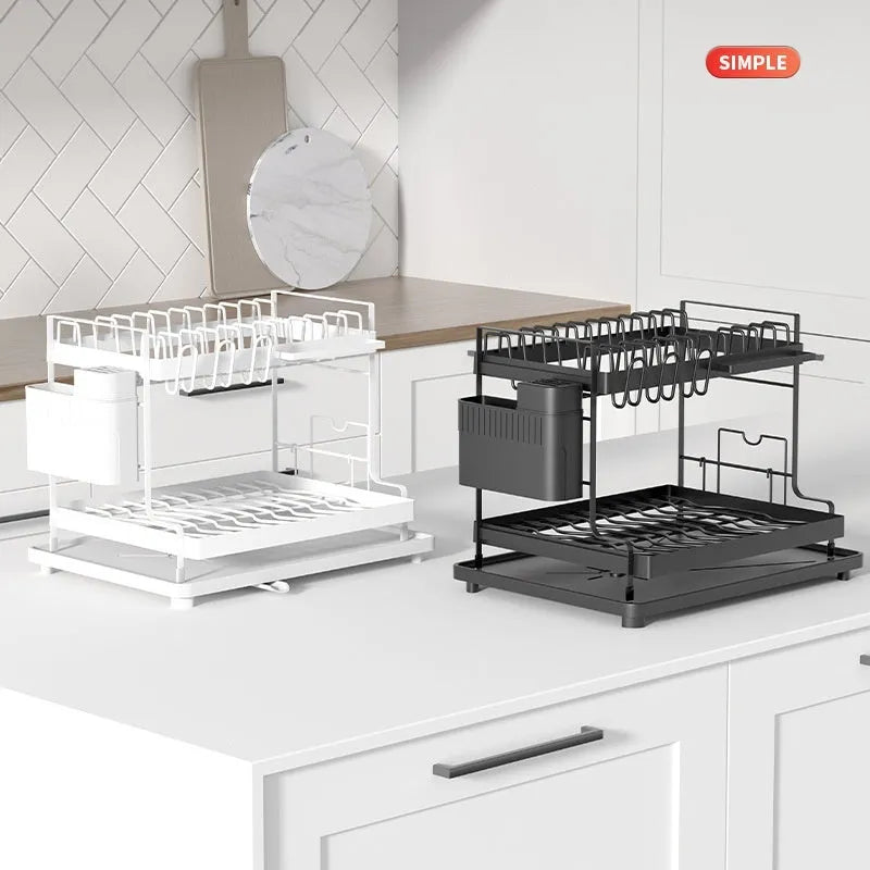 White double-layer kitchen draining rack with a removable top shelf for dish drying.