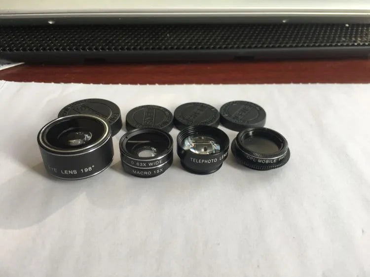 Five-in-one mobile phone lens kit with fisheye, wide-angle, macro, telephoto, and CPL clip-on lenses for smartphones