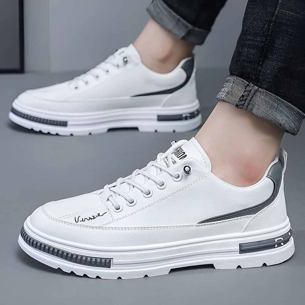 Men's white and black Korean style low-top platform sneakers with elastic band and round toe.