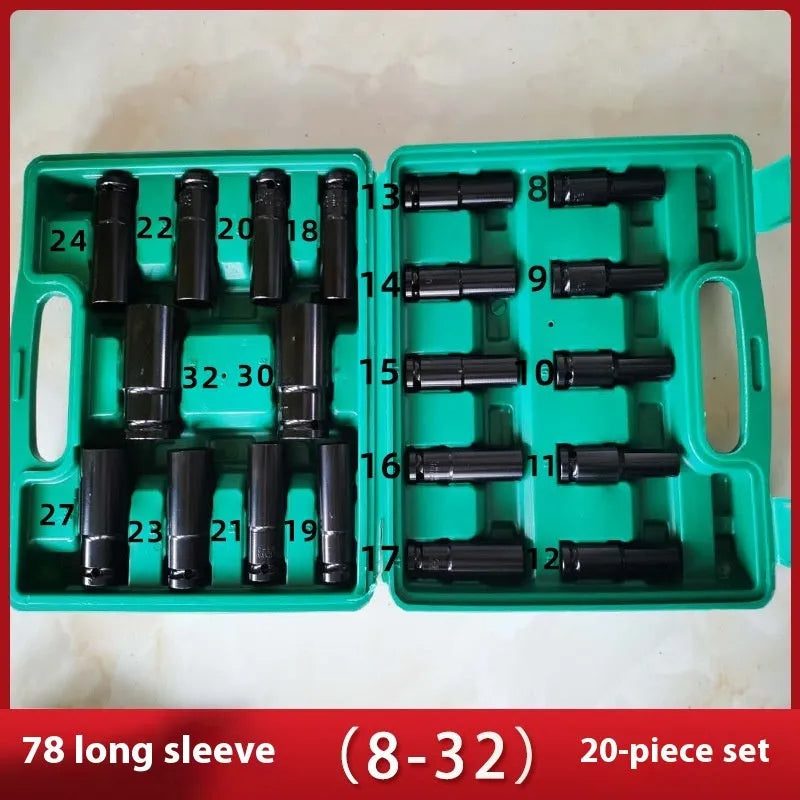 Electric wrench extended socket set with high carbon steel hexagonal sockets, polished chrome, 78mm length, metric 8-32mm