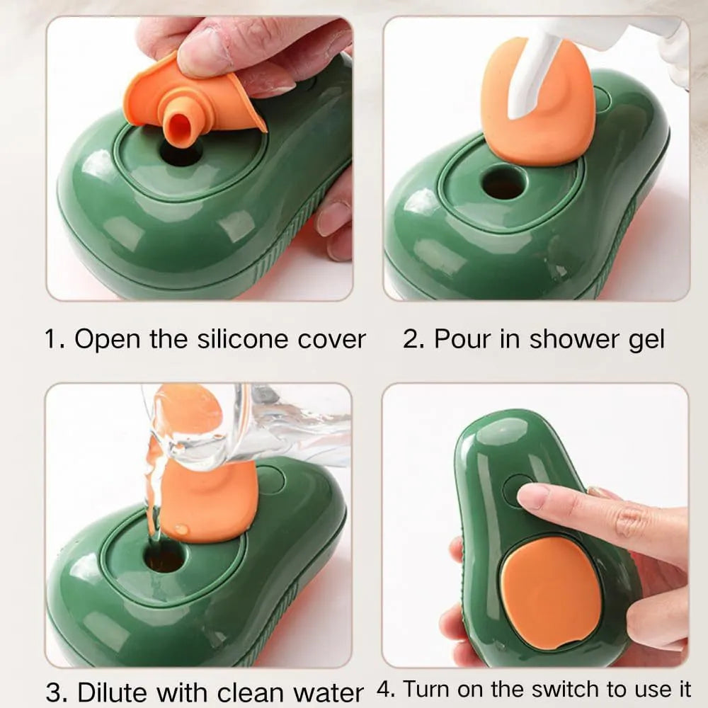 Green and white 3-in-1 cat steam brush with silicone bristles and water spray nozzle.