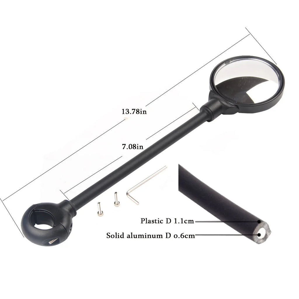 Black metal bicycle rearview mirror with adjustable hose-clamp mount and integrated reflector