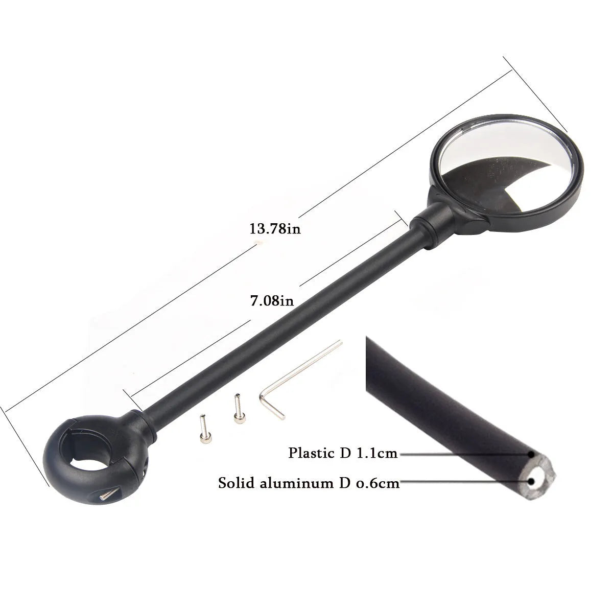 Black metal bicycle rearview mirror with adjustable hose-clamp mount and integrated reflector