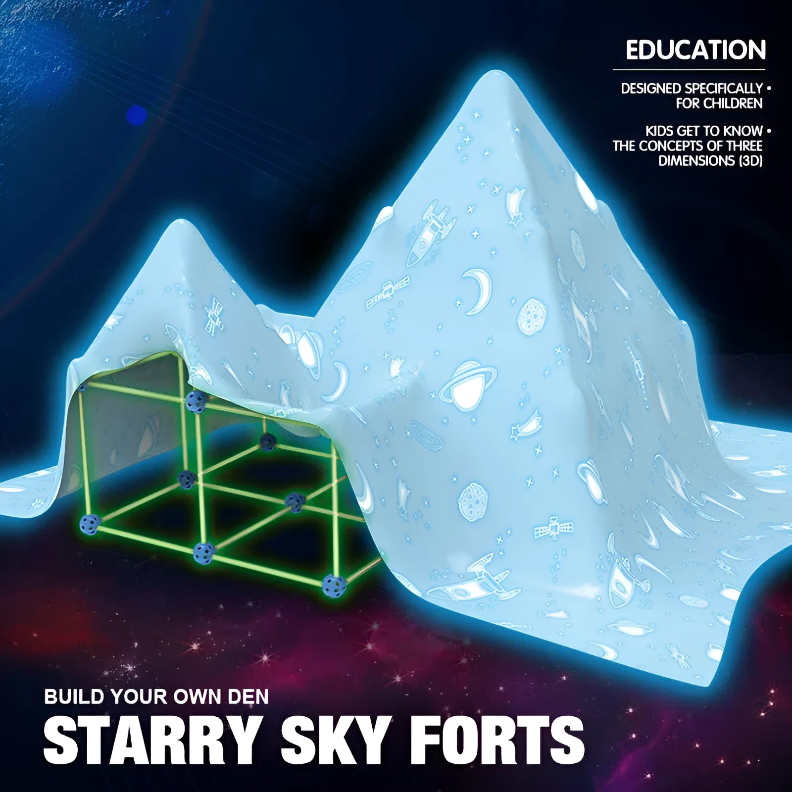 Children's fort building kit showing plastic rods, connector balls, and a constructed play tent frame.