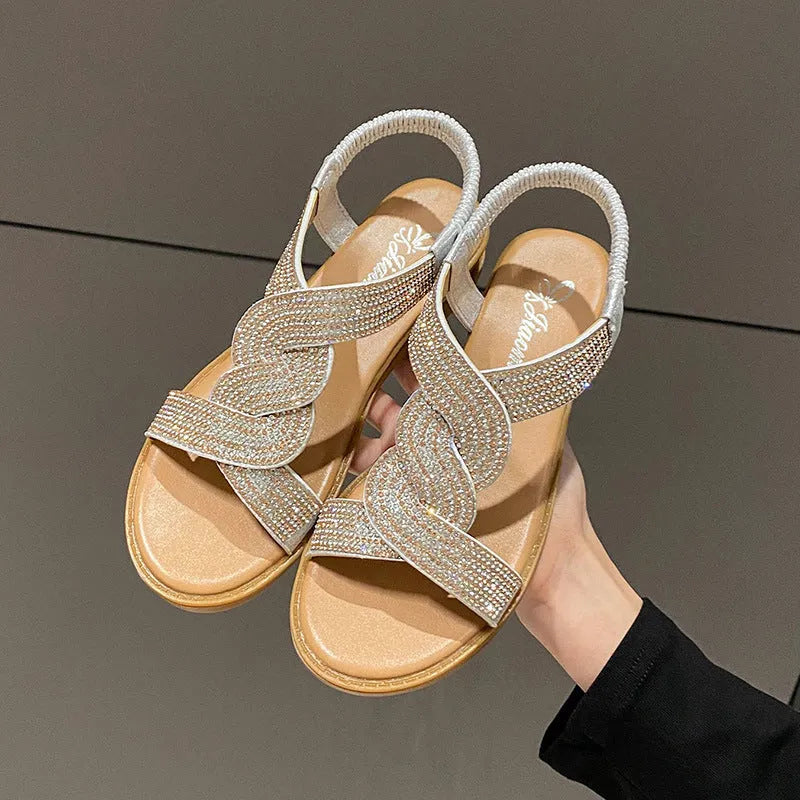 Women's fairy Roman sandals in gold with rhinestone decoration, fish mouth toe, and elastic band