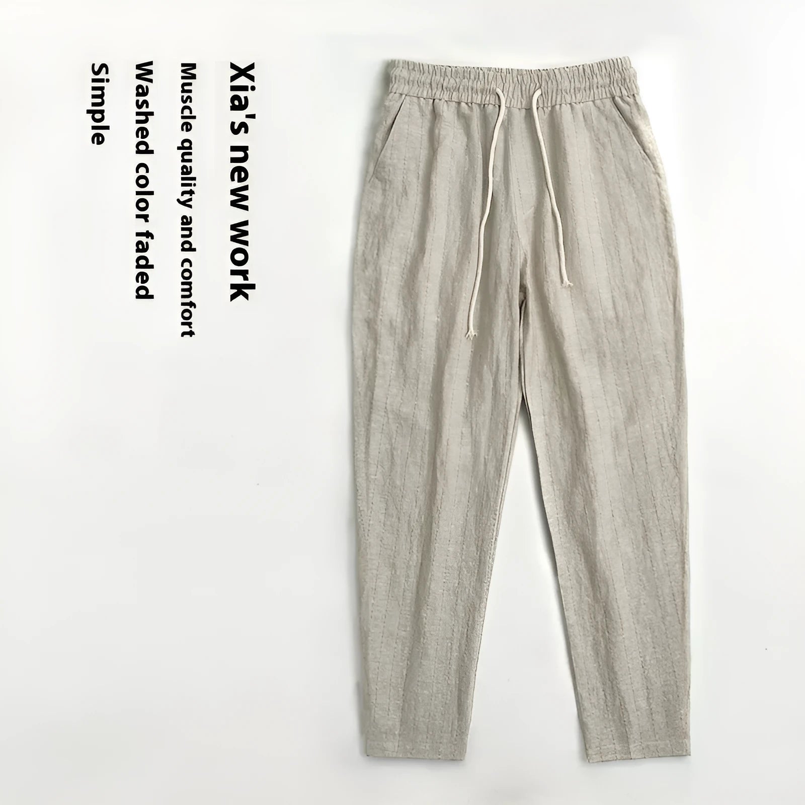Men's striped cotton linen cropped summer casual pants shown in khaki, coffee, navy and white colour variations