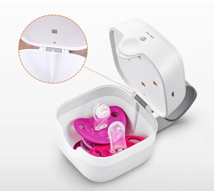 White baby pacifier UV disinfection box with lid closed, 9.5cm diameter