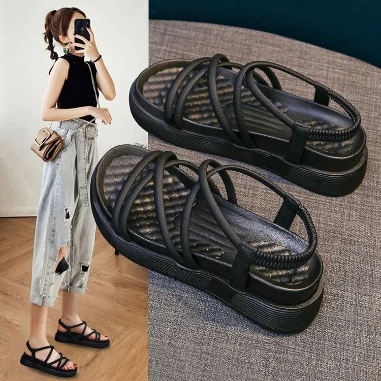 Women's black Roman platform sandals with round toe and slip-on sleeve design