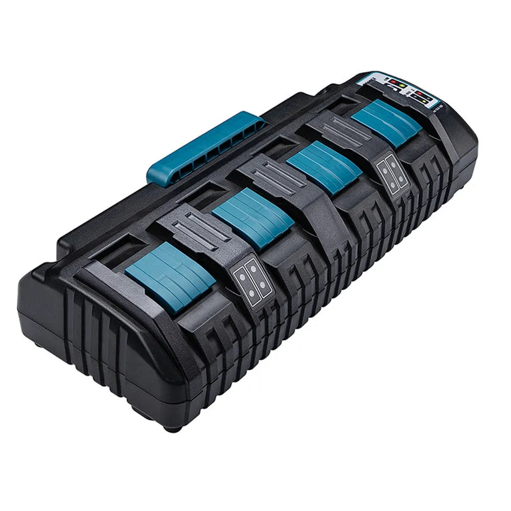 Black and blue plastic fast charger for Makita 14.4V-18V lithium batteries with four slots