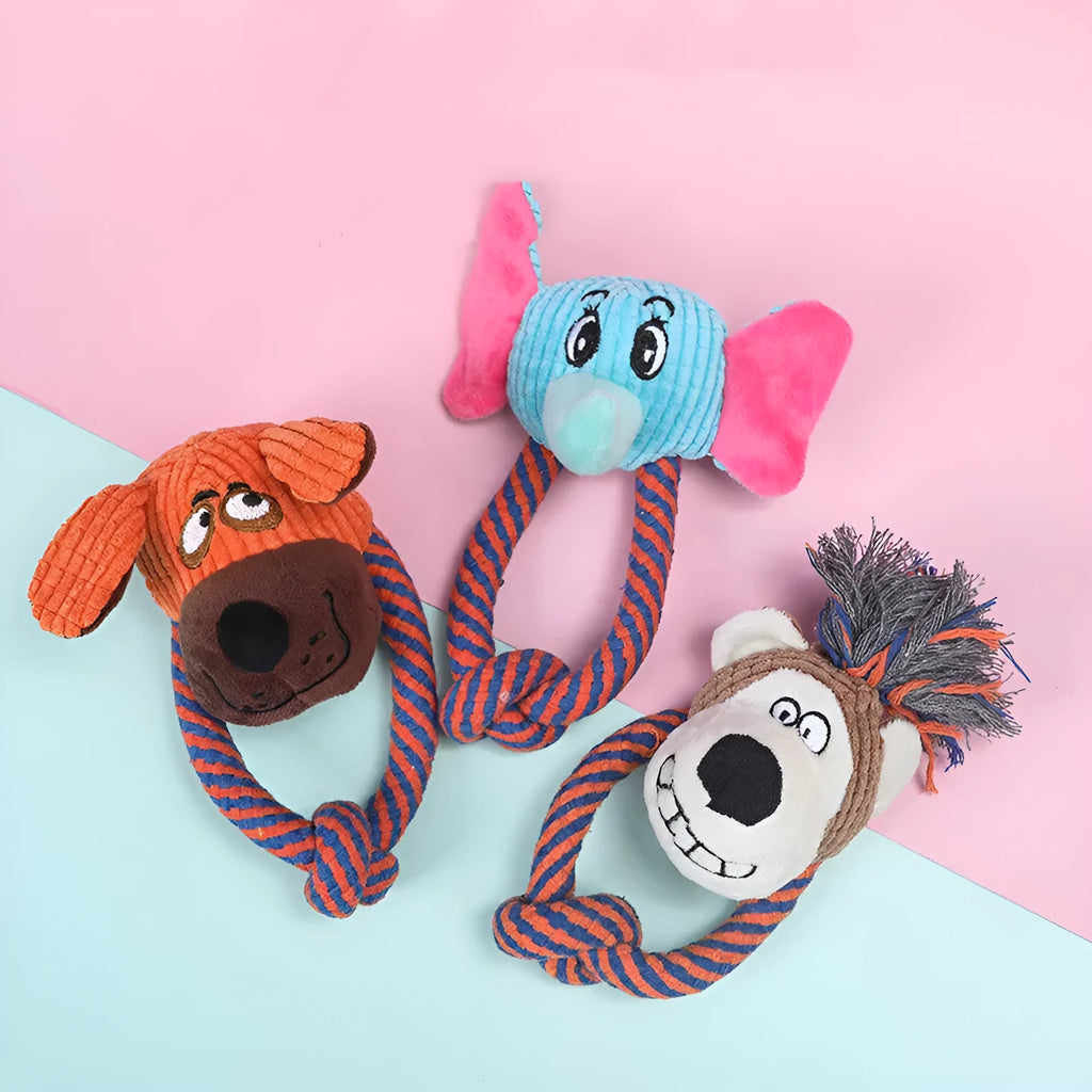 Dog cotton rope squeaky toy in dog style for teeth cleaning and play