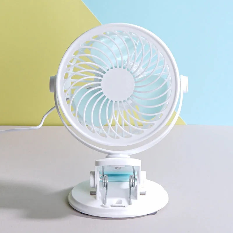 White USB desktop clip fan with three blades and compact 19x15x10cm dimensions