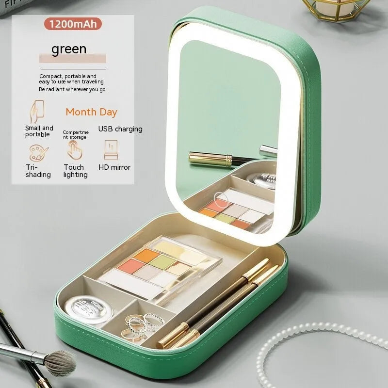 Makeup storage box with LED mirror in pink, white, or green with adjustable stand and storage compartment