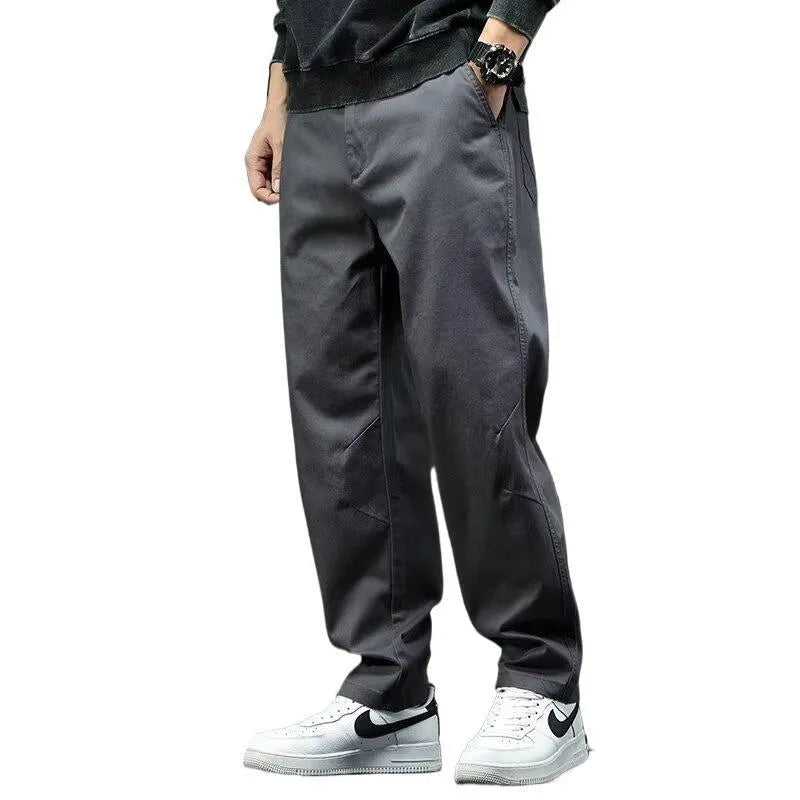 Men's casual straight cotton trousers in black and gray, loose fit, mid waist, available in sizes M to 3XL.