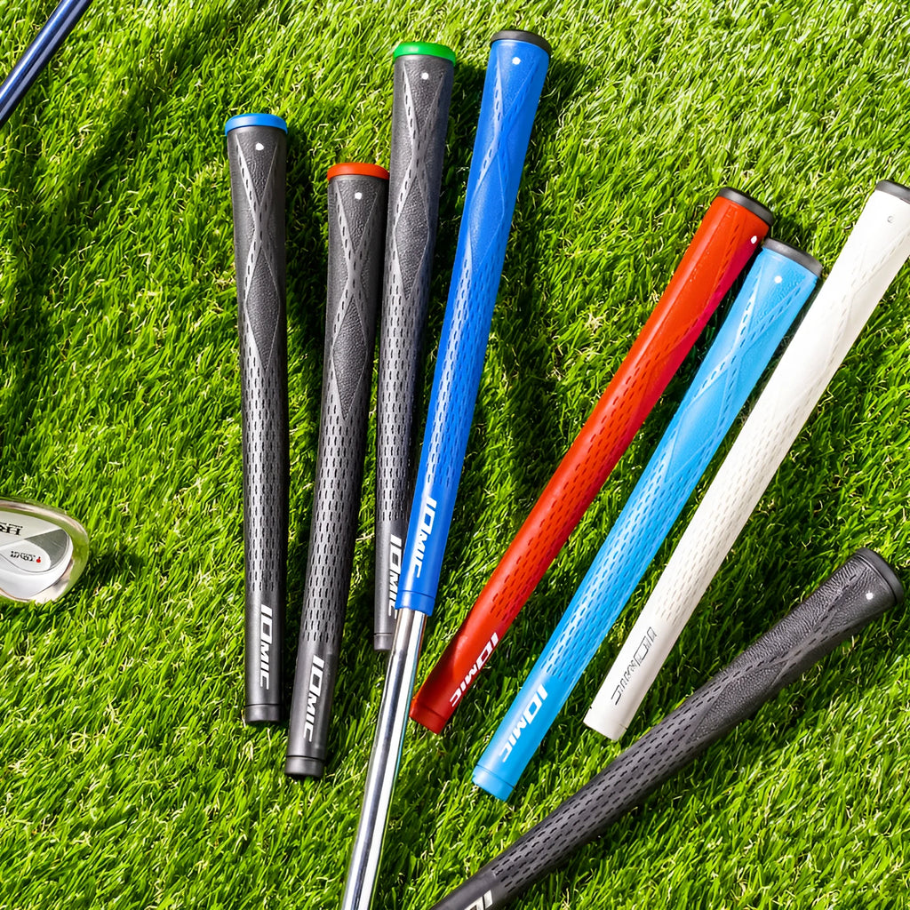 TPE material golf club grip shown in various colours including pink, red, and two-tone black with blue head.
