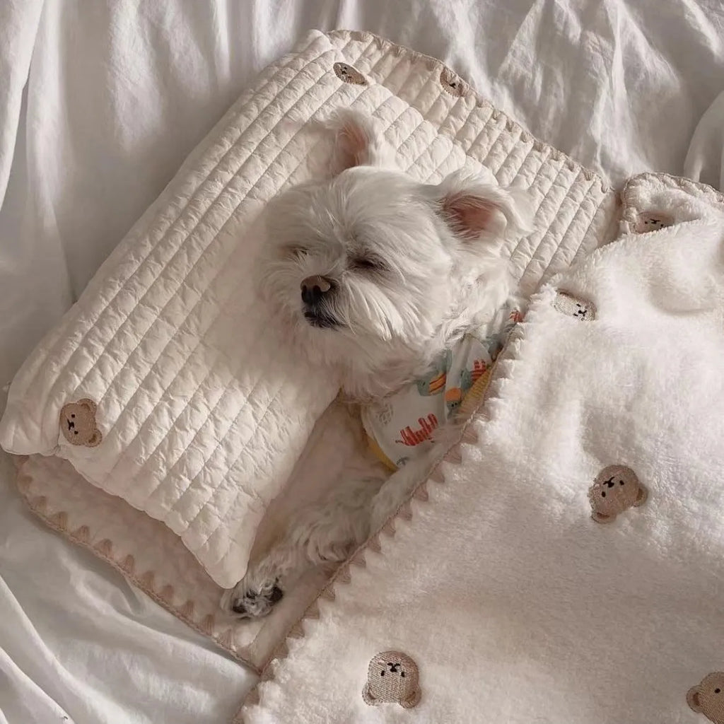 Simple bear design washable dog bed set with square mattress, quilt, and pillow in two size options.