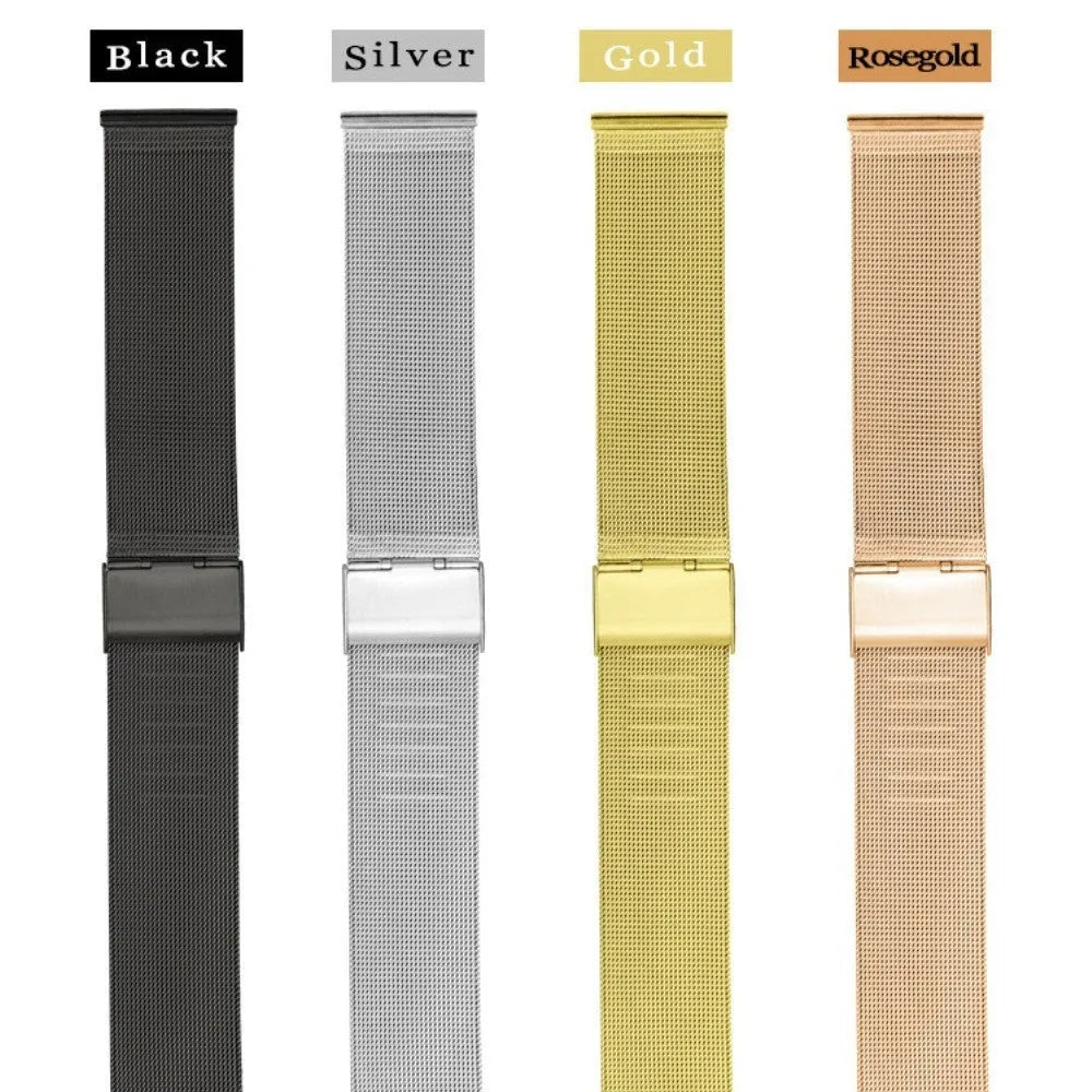 Milani silk woven stainless steel watch band in silver, black, rose gold, and gold colours showing six bandwidth sizes from 12mm to 22mm