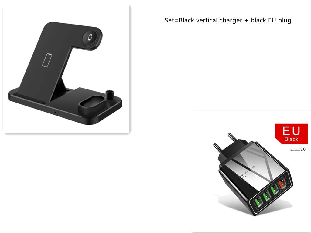 Black 4-in-1 wireless charging station with phone on adjustable magnetic stand, charging Apple Watch, AirPods, and Apple Pencil.