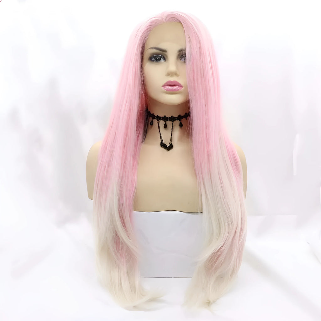 A pink gradient big wave fluffy synthetic wig on a stand, showing voluminous curls.