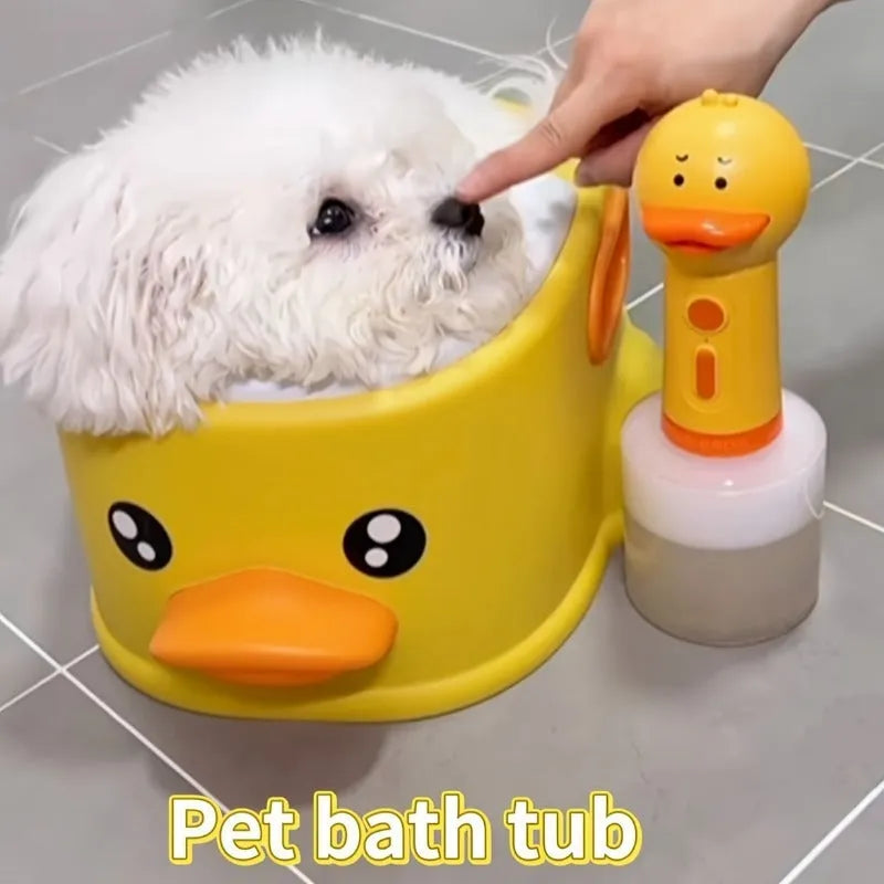 Blue PVC duck-shaped bathtub for washing small dogs and cats on a bathroom floor.