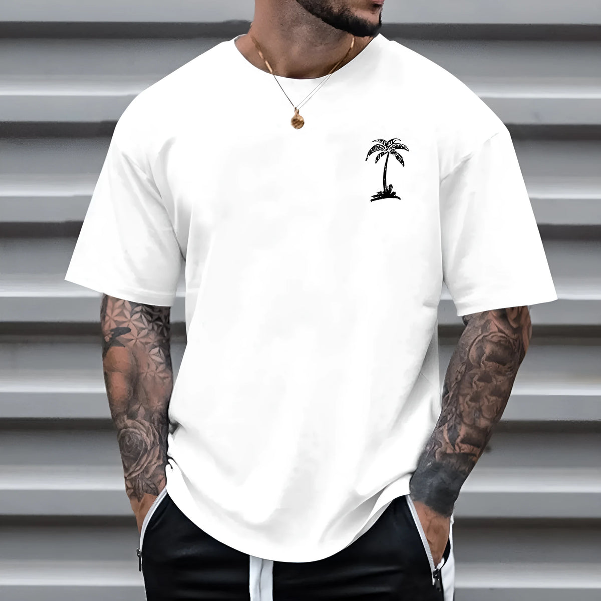 Men's round neck printed short sleeve T-shirt, loose pullover, polyester, sizes S to 6XL