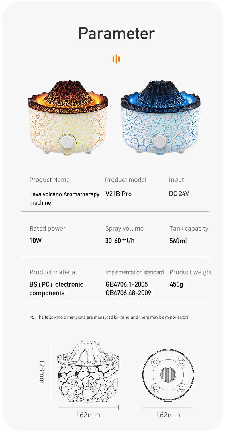 Column-shaped volcano humidifier emitting mist with colourful LED lights and remote control
