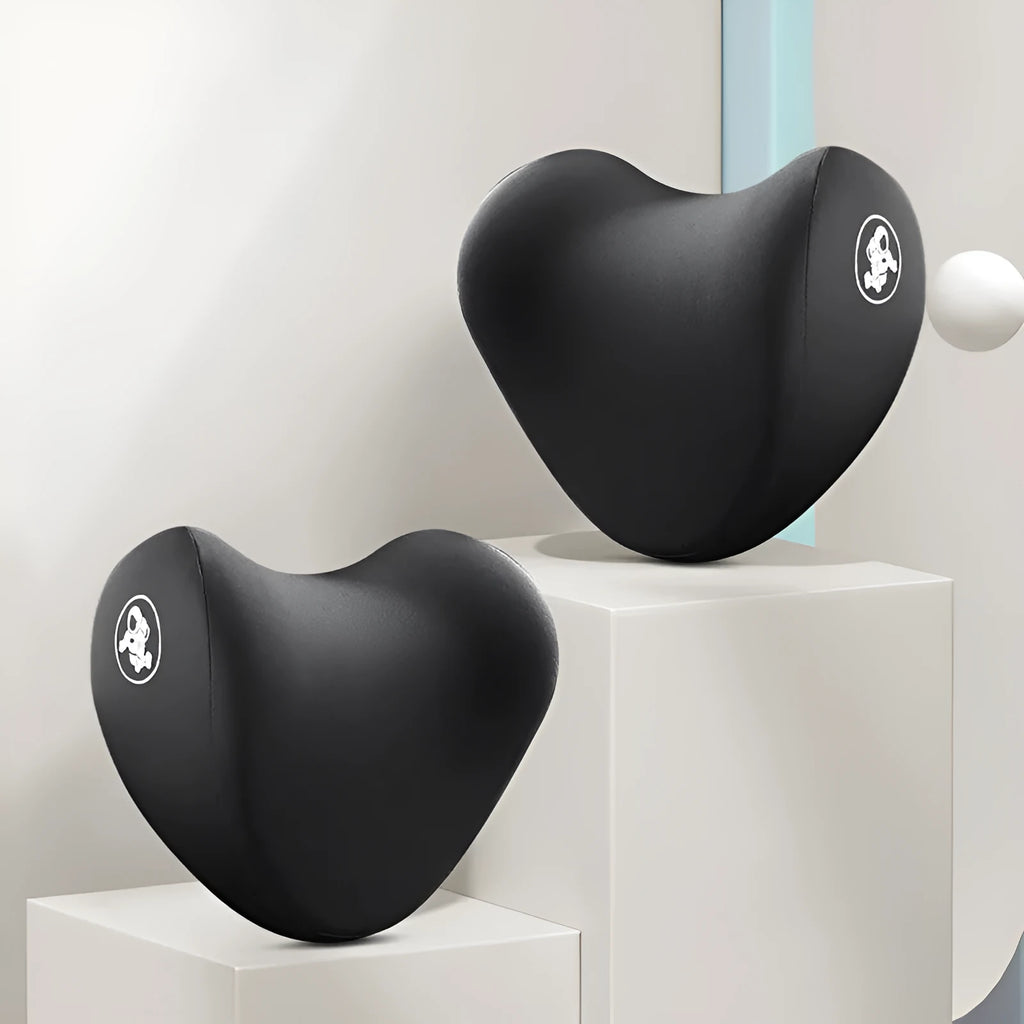 Heart-shaped car pillow set with memory foam filling for headrest and lumbar support in multiple colour options
