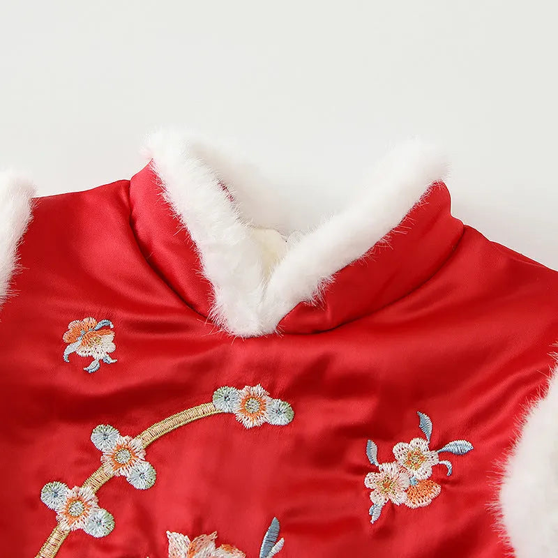 Red triangle baby jumpsuit for girls with long sleeves from 66cm to 90cm height