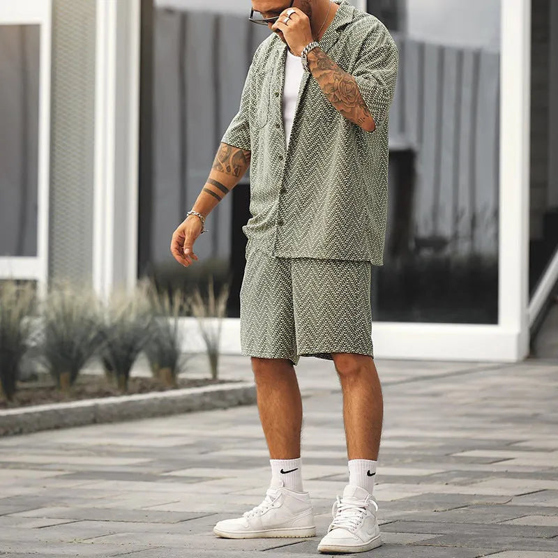 Men's casual short sleeve shirt and shorts set in grayish green polyester fabric, front view