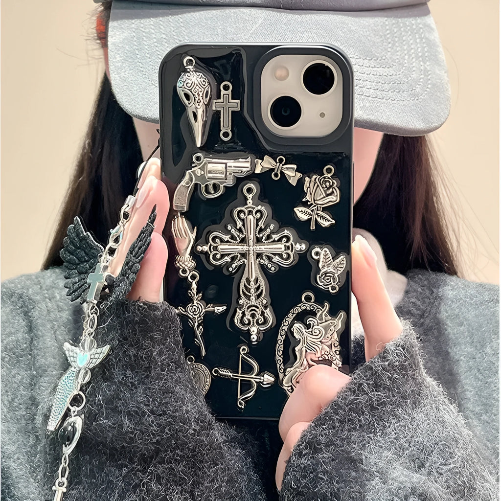 Epoxy resin phone case with three-dimensional cross pendant in retro dark style for iPhone 15 Pro Max
