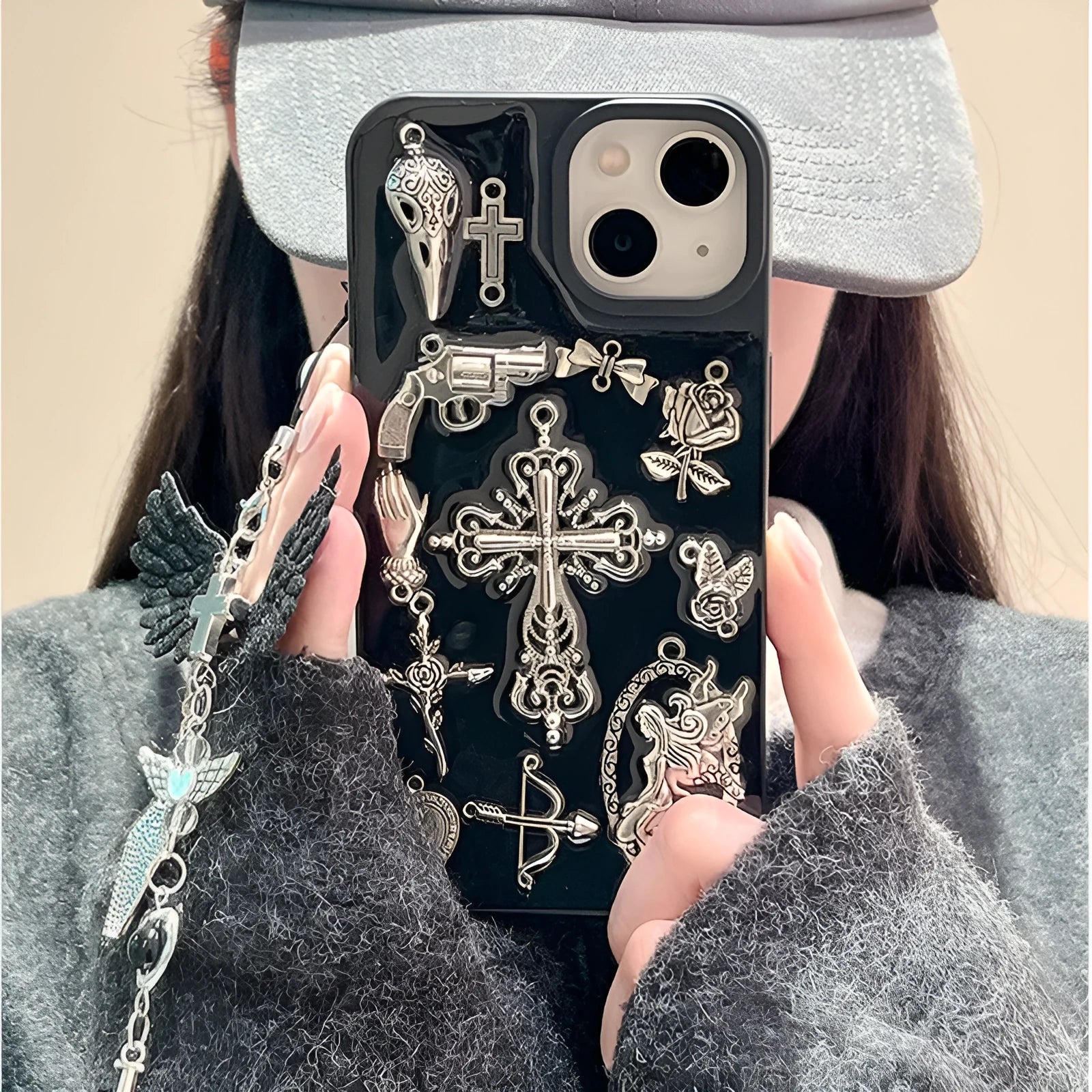 Epoxy resin phone case with three-dimensional cross pendant in retro dark style for iPhone 15 Pro Max
