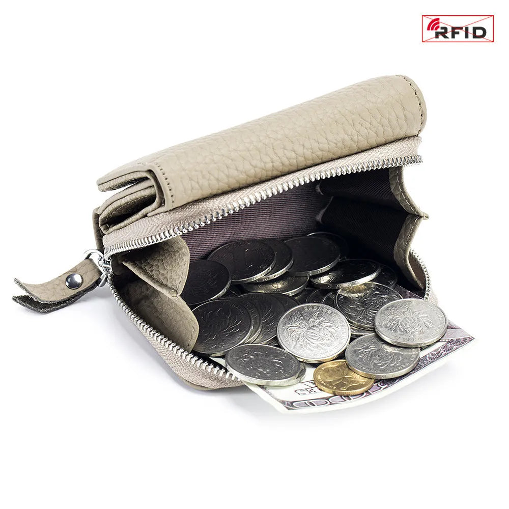 Women's leather tri-fold mini RFID wallet in elephant gray, 10x4x7.5cm, with sewing thread detailing