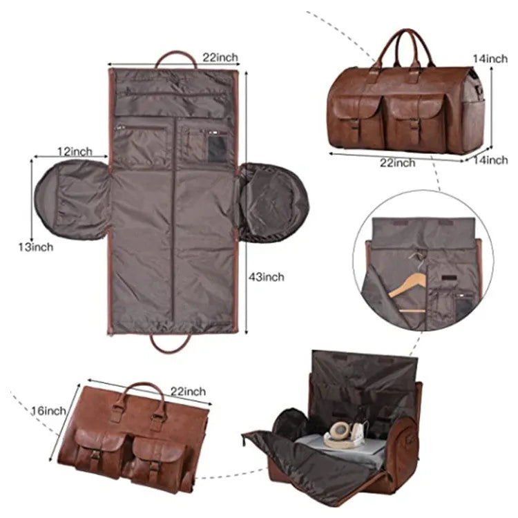 Convertible travel carry-on bag in waterproof PU leather, 36-55L capacity, shown in black with retro styling