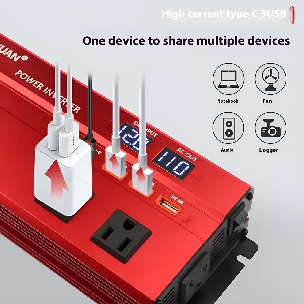 1200W car power inverter with LED display, US outlet, black casing, measuring 26cm x 10cm x 5.5cm