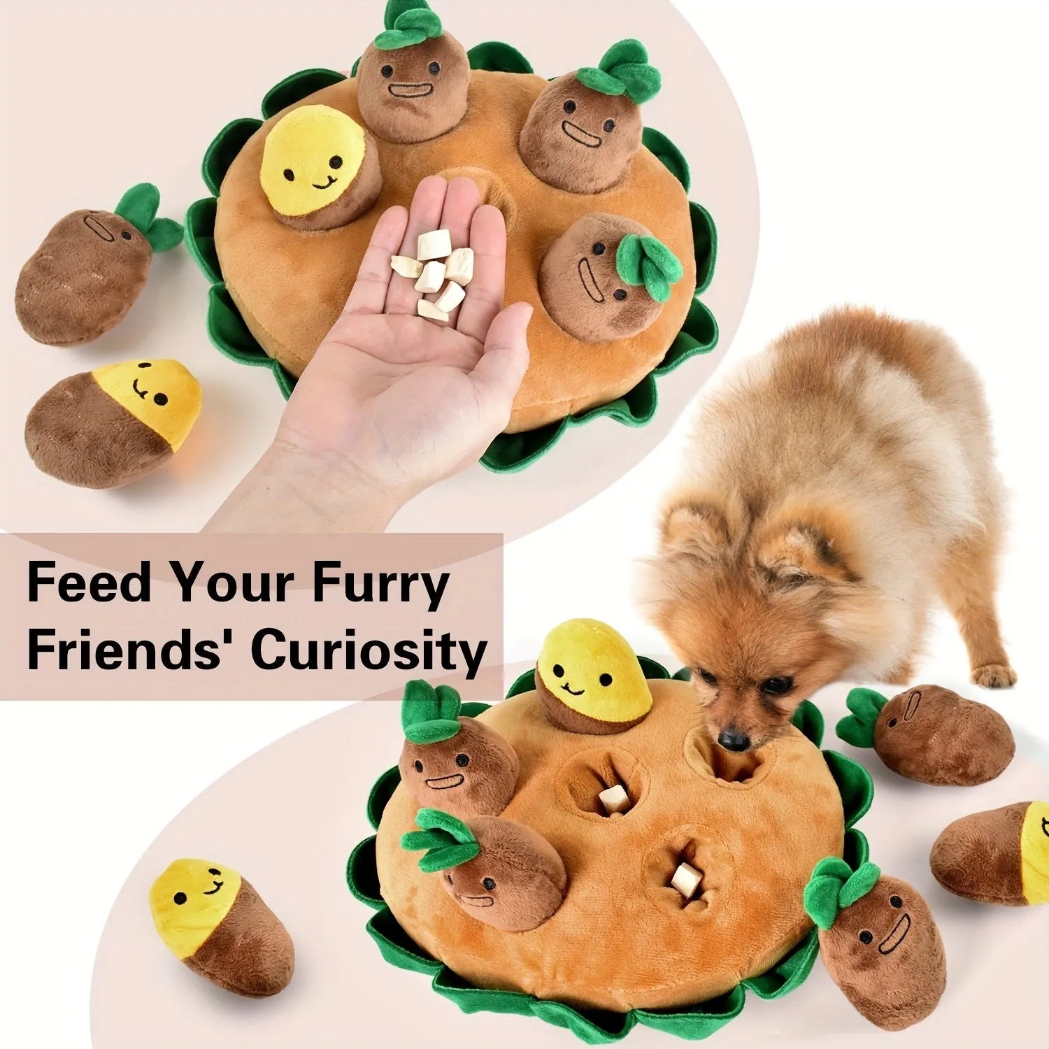 Yellow interactive dog puzzle toy with removable squeaky plush toys on foraging pad